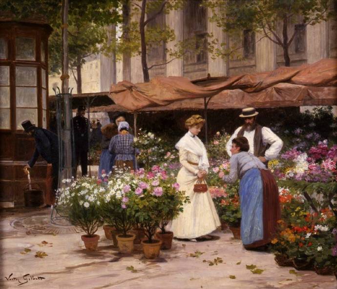19世纪法国画家victor gabriel gilbert描绘的美好时代的巴黎花市.