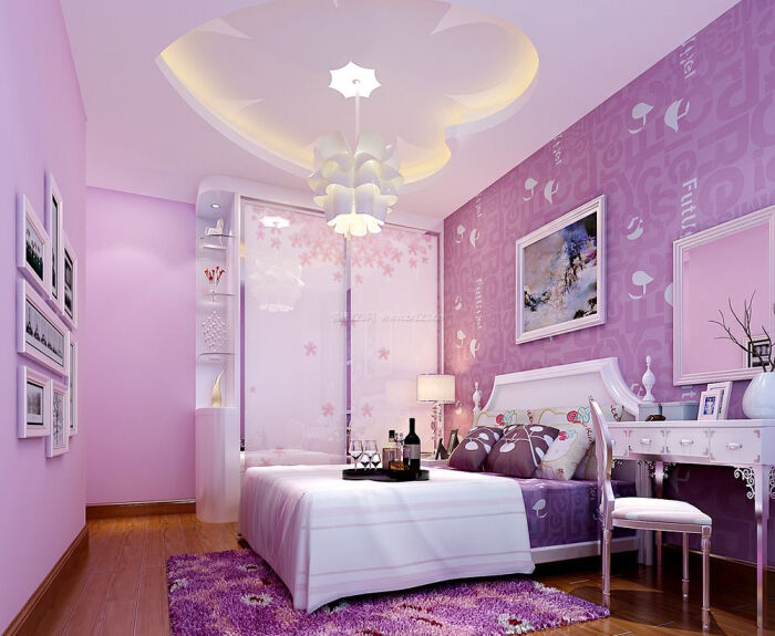 现代风格女孩卧室墙面壁纸装修效果图片