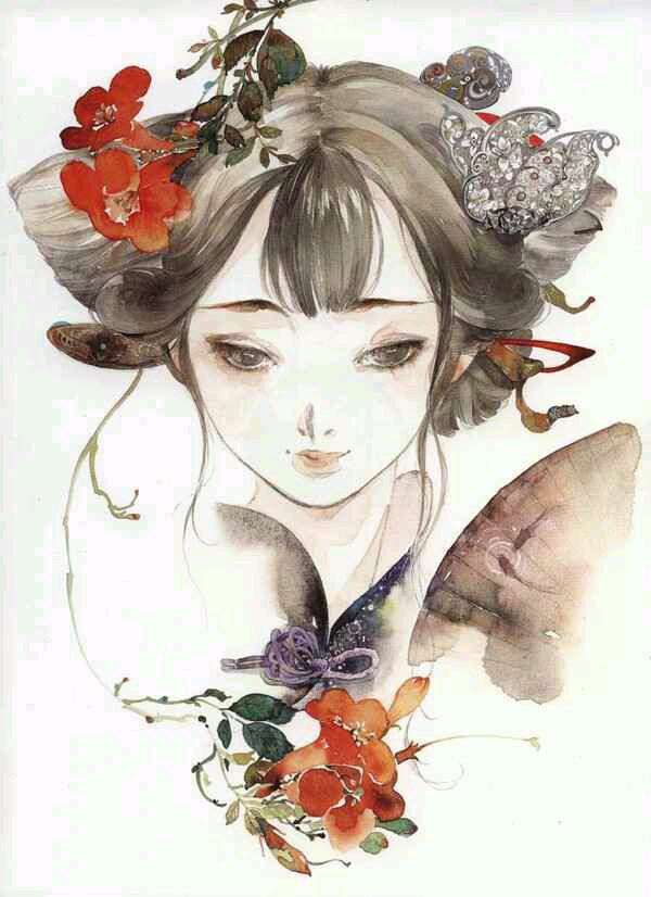 【侵删】《花女词》呀呀水彩仕女诗画集作者:呀呀