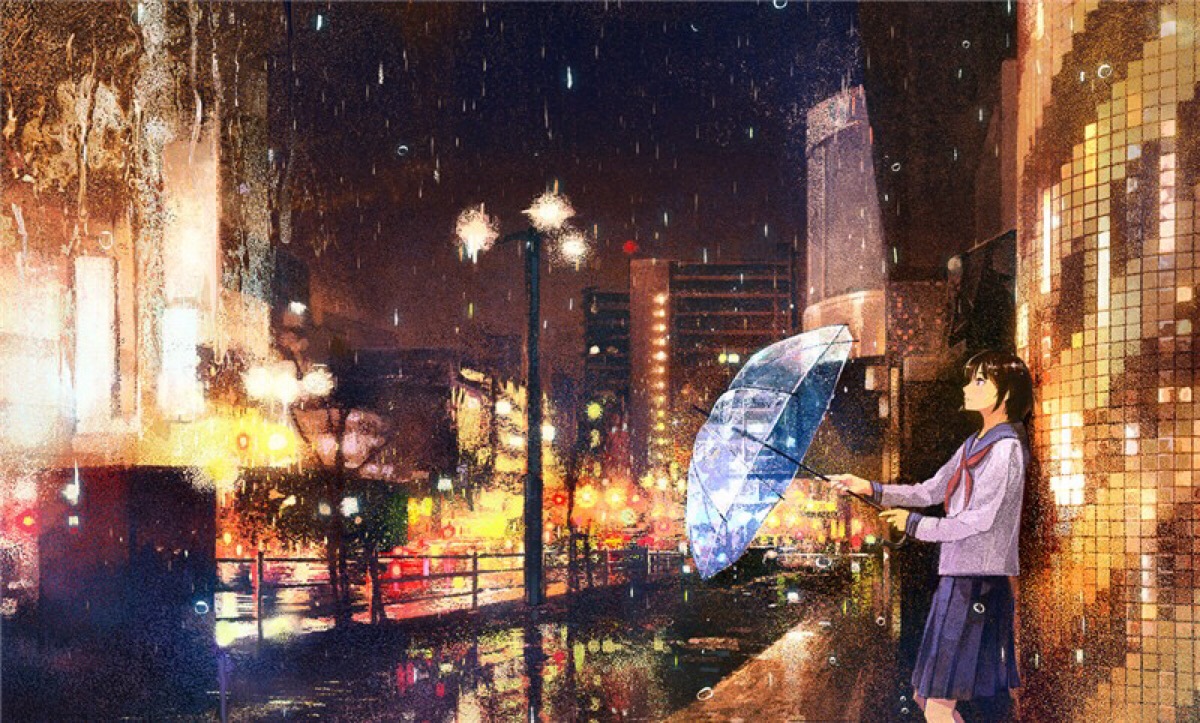 水手服 少女 小清新 温馨 治愈 透明雨伞 夜景 雨萌 二次元 高清 壁纸