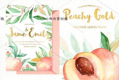 水彩手绘水蜜桃子花环树叶绿叶图片卡片海报png设计素材png211