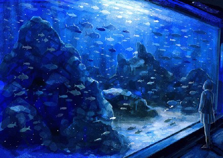 梦幻的水族馆蓝色调插画图片