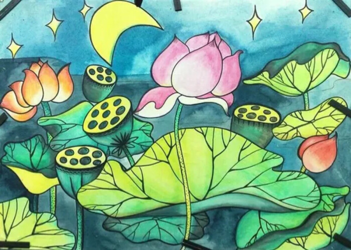 水粉荷花