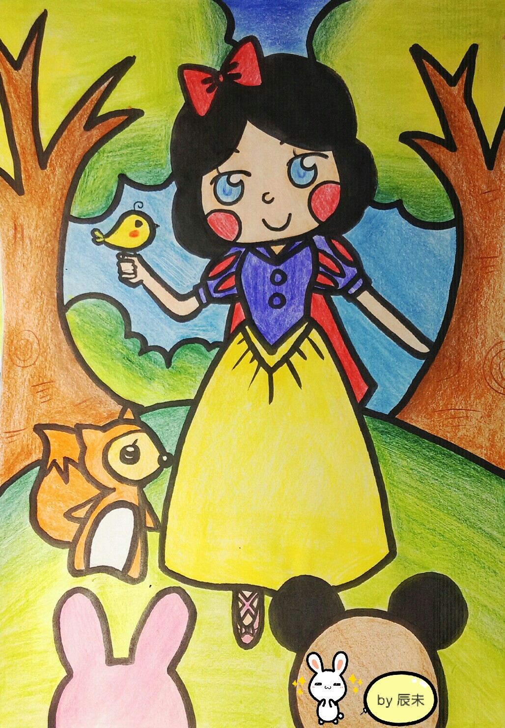 暑假作业#儿童画之迪士尼公主系列--白雪公主( " " )哈哈少女心,突然