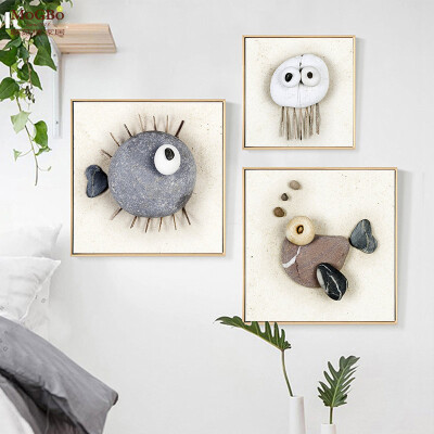 蘑菇堡现代简约创意可爱立体石头鱼装饰画挂画墙面画客厅卧室挂画