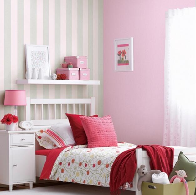 粉色宽竖条纹韩国儿童房卧室墙纸壁纸AB板公