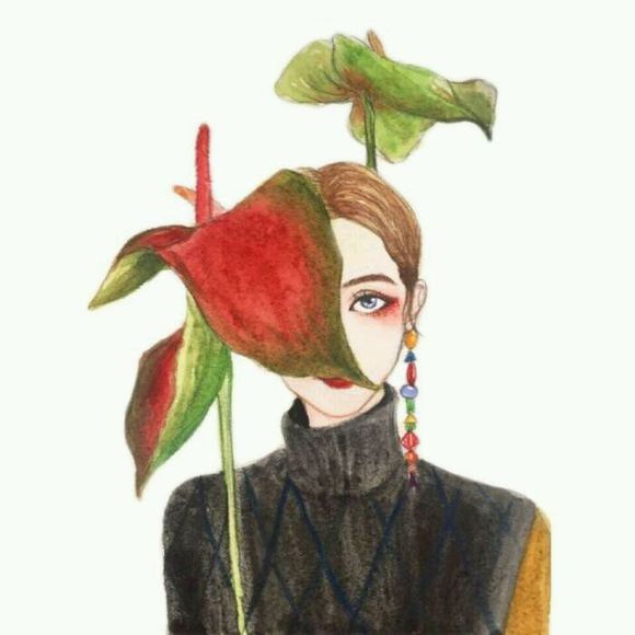 彩铅手绘红色叶子女头像