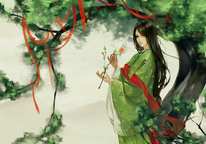 古风手绘青衣女子