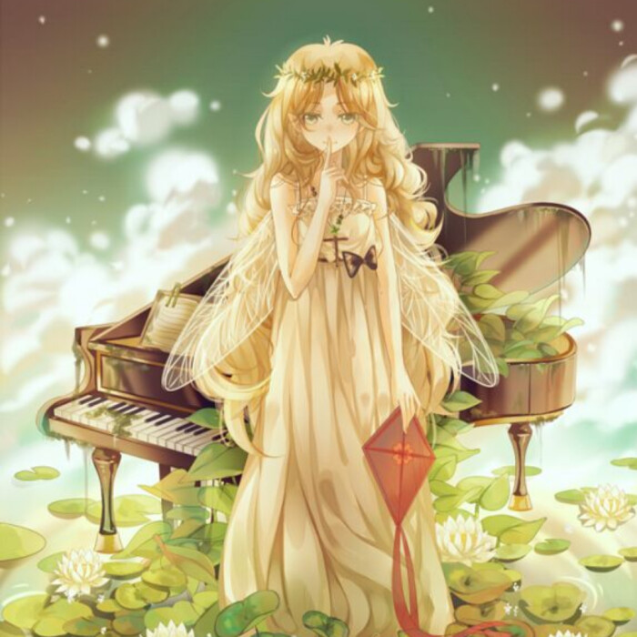 动漫少女,精灵,钢琴,金色,光明