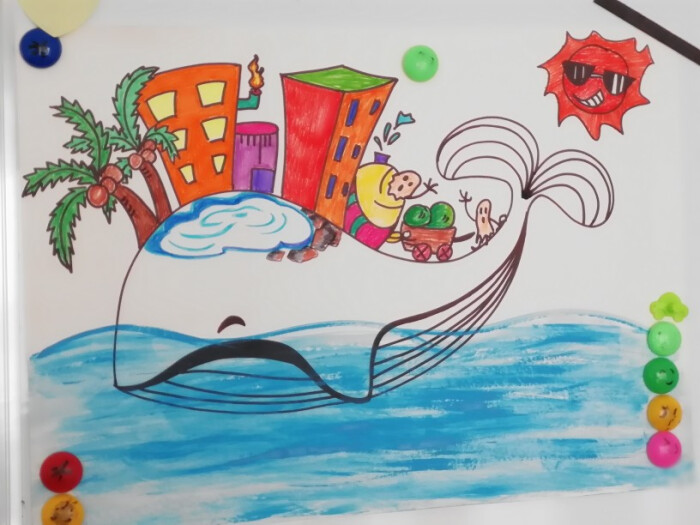 儿童画 鲸鱼岛上的城市