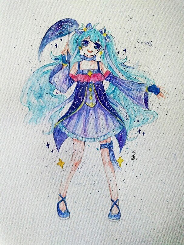 q版手绘 彩铅 水彩 马克笔 少女 插画 初音未来