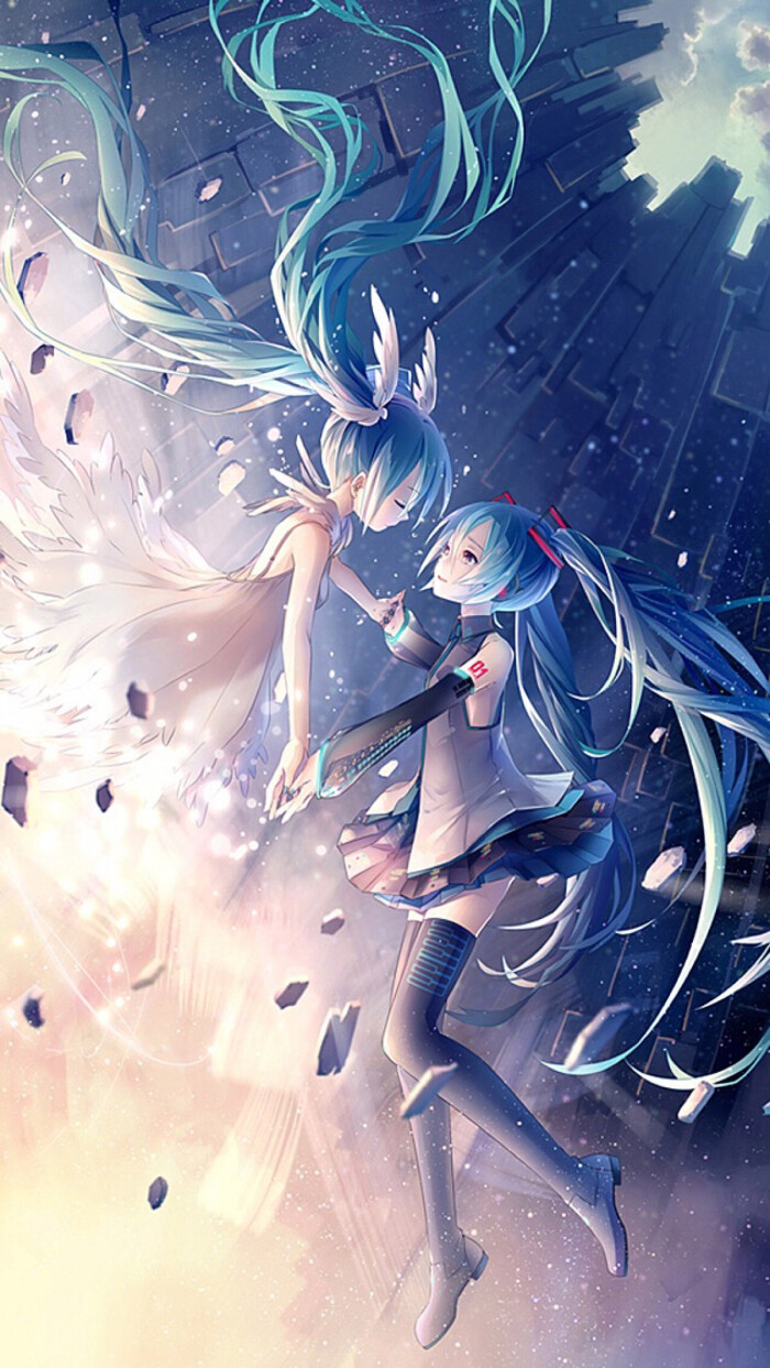 初音 蓝色 动漫女生 背景 壁纸