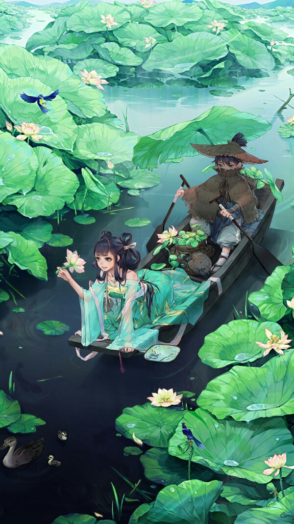 古风 插画 绿色 小姐姐 清新 夏天 荷叶