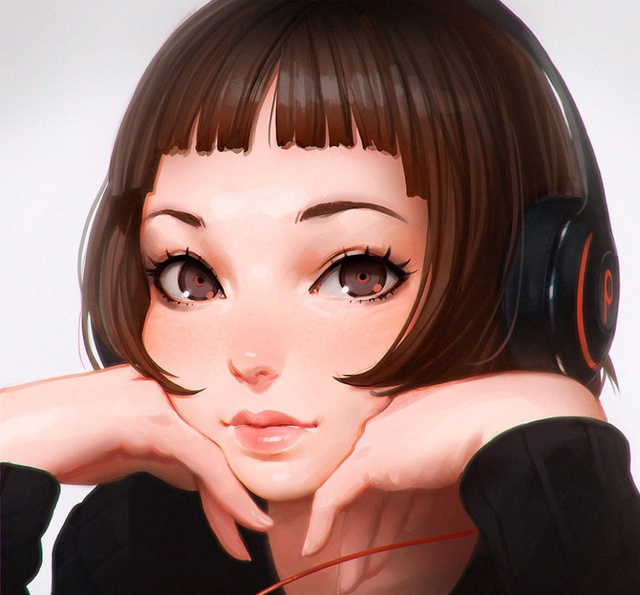 动漫女头 齐耳短发 红色耳机 手遮脸 侧脸 红唇 可爱