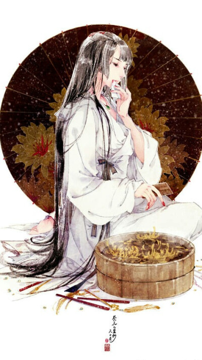 古风,插画,古装美人,壁纸,头像,伊吹五月 ,油纸伞,菊,中国风,手绘