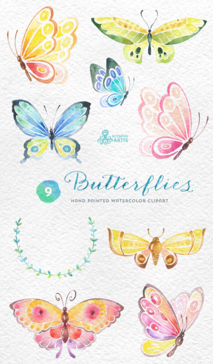 蝴蝶 手绘水彩 小清新 平面设计 手账 贴纸 素材