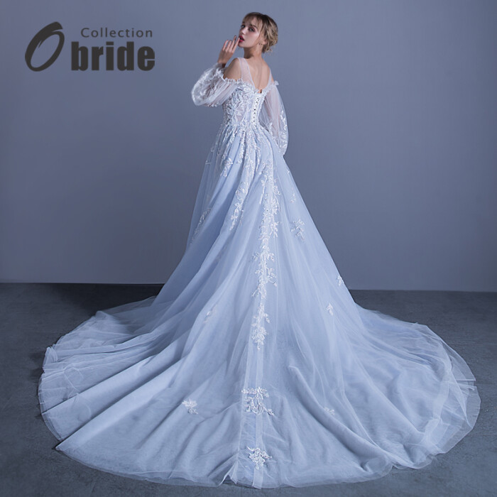 obride【新款预售】2017新款一字肩泡泡袖新娘韩版蓝色长拖尾婚纱
