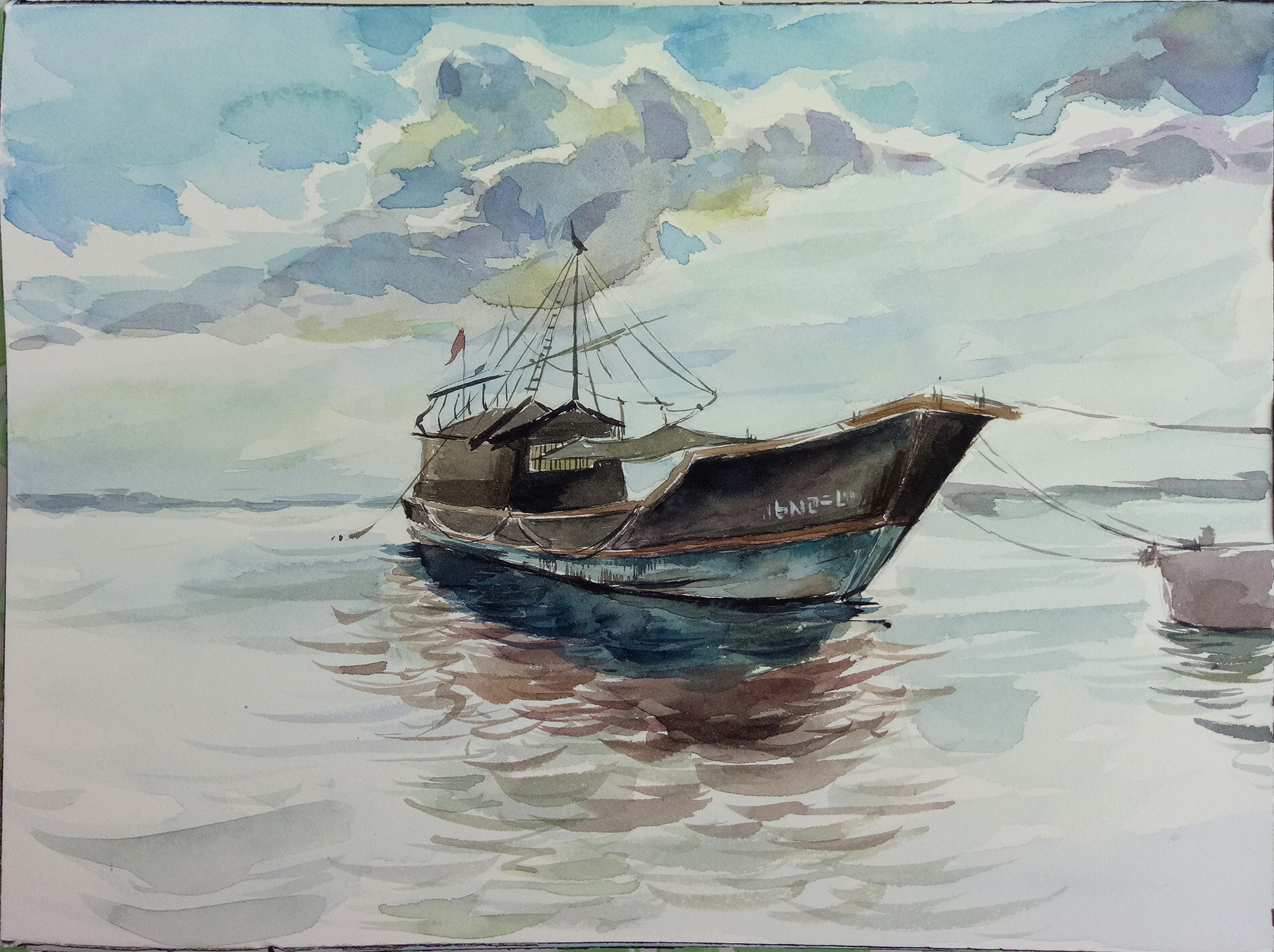 木子小兑 原创 象山 写生 水彩 海边 海景 唯美 风景 渔船