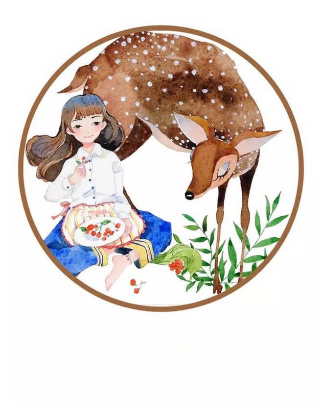 少女,鹿角,鹿,手绘,水彩,插画,唯美,壁纸,意境,创意