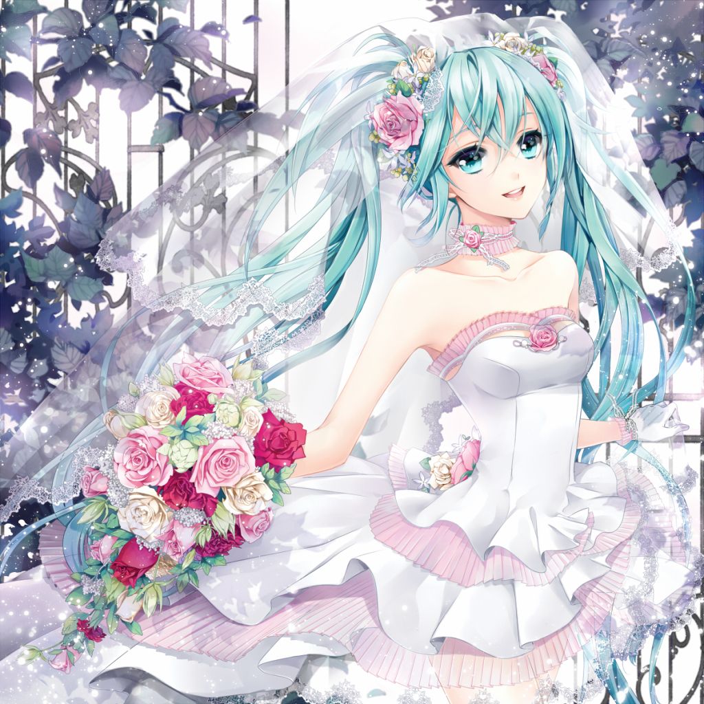 动漫少女 初音未来 婚纱 礼服 鲜花 梦幻 唯美 童话 壁纸 女头 经典