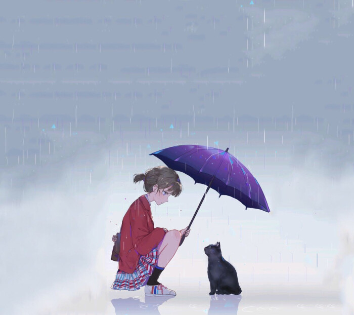 高清 头像 女头 女孩与黑猫 雨伞 紫色 红衣少女