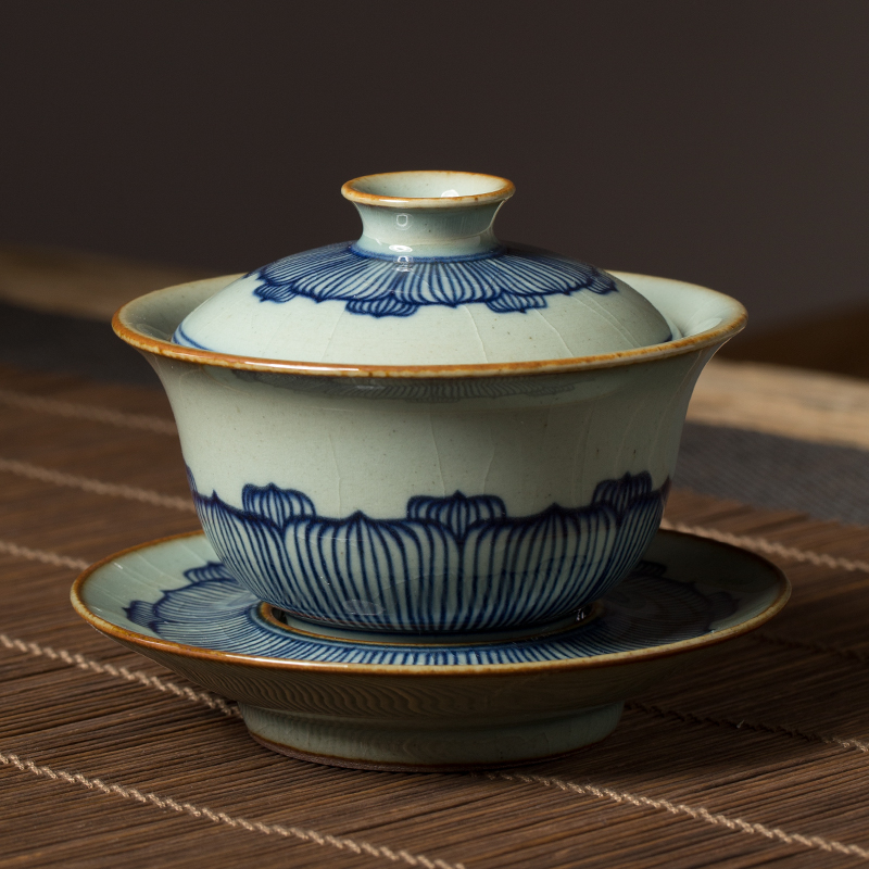 景德镇手绘仿古青花瓷 莲瓣纹 盖碗 泡茶碗 茶盏 陶瓷