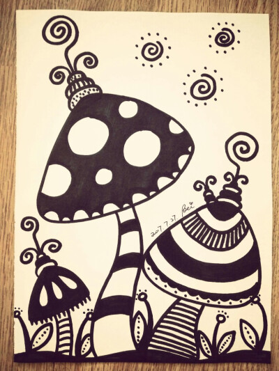 《蘑菇》线描画 黑白画 儿童画