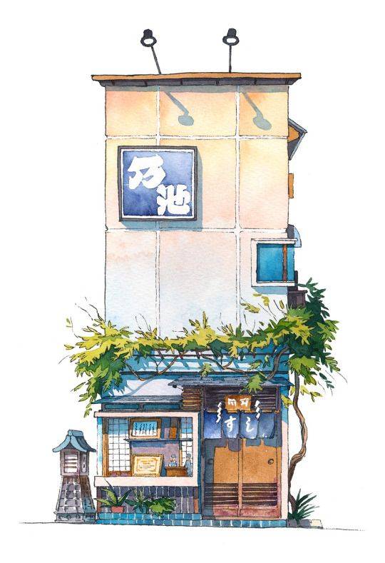 风情的小房子手绘插画图片,来自日本插画师@mark powell 的水彩画作品