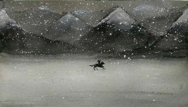 古风插图 古风意境 雪中匹马驰骋 孤美
