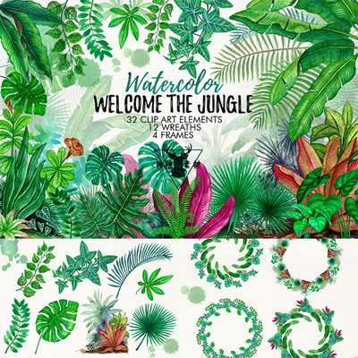 绿色手绘水彩热带植物树叶龟背棕榈图案背景 psd png免抠设计素材