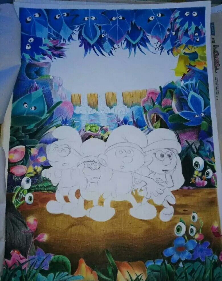 彩铅 蓝精灵 过程图