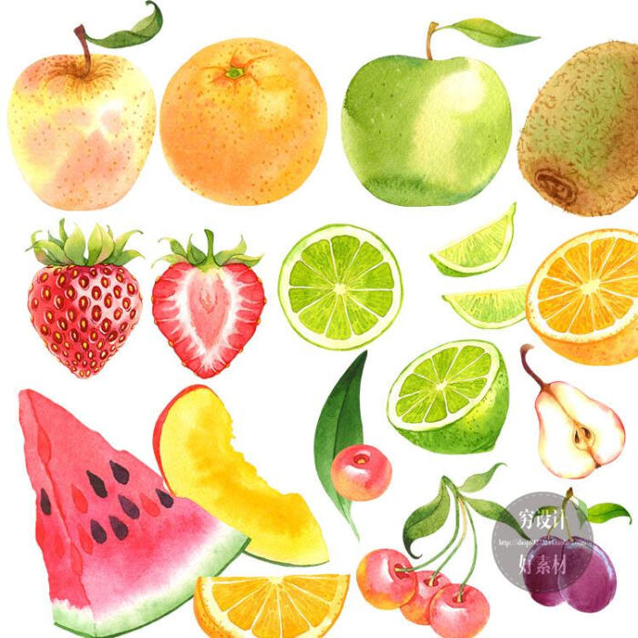 清新手绘水彩水果橘子西瓜柠檬苹果草莓透明背景 png免扣素材 p59