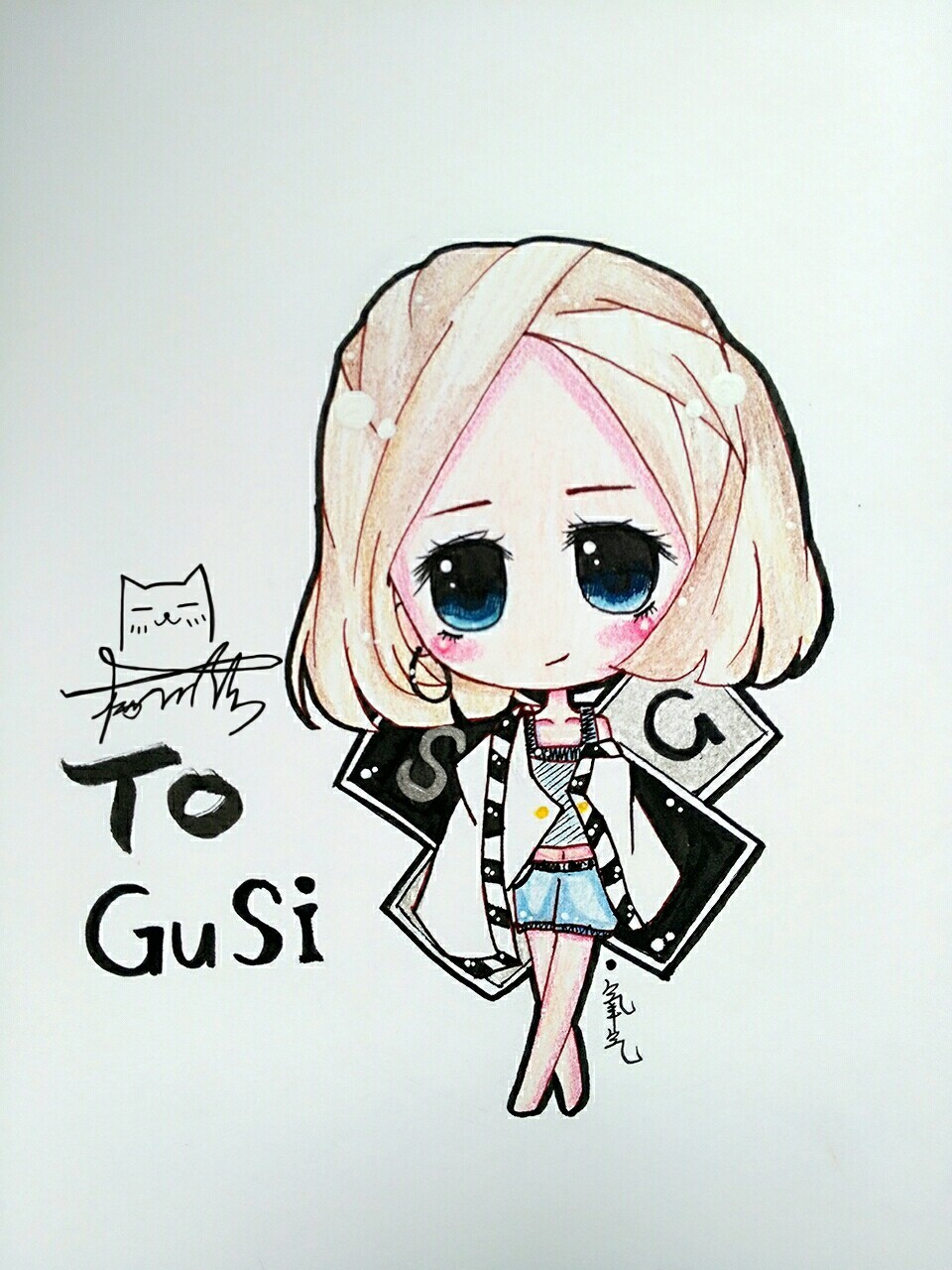 手绘 彩铅 q版 女孩 人设 , , , , gusi 氧气