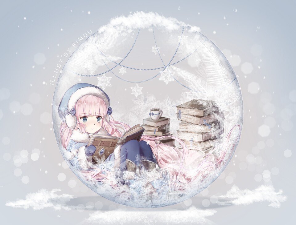 【二次元】少女 瓶子书本 咖啡 粉色头发 雪花 玻璃瓶 冬