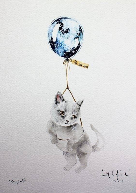 〖凉糕〗来源微博 水彩 唯美 意境 气球与猫