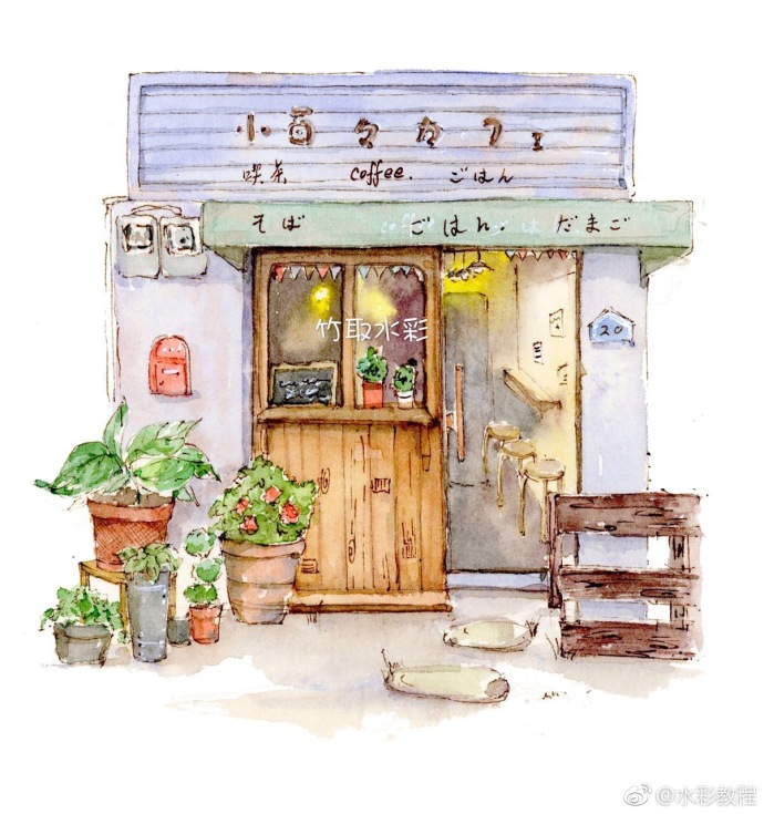 钢笔淡彩,猫与店铺by@竹取水彩