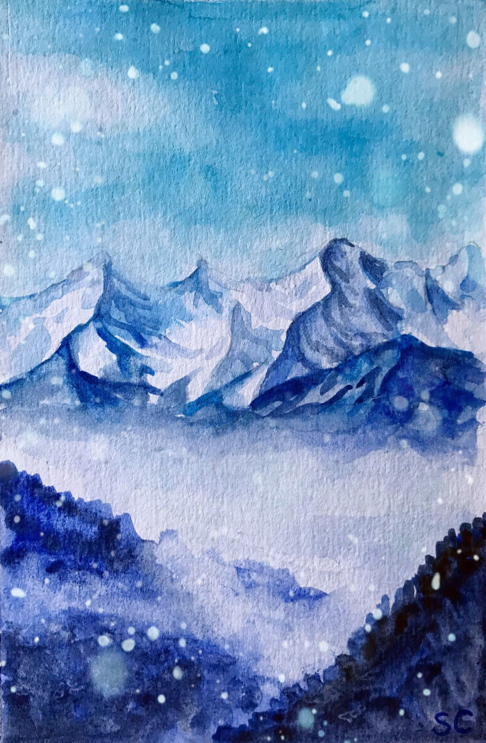 水彩雪山