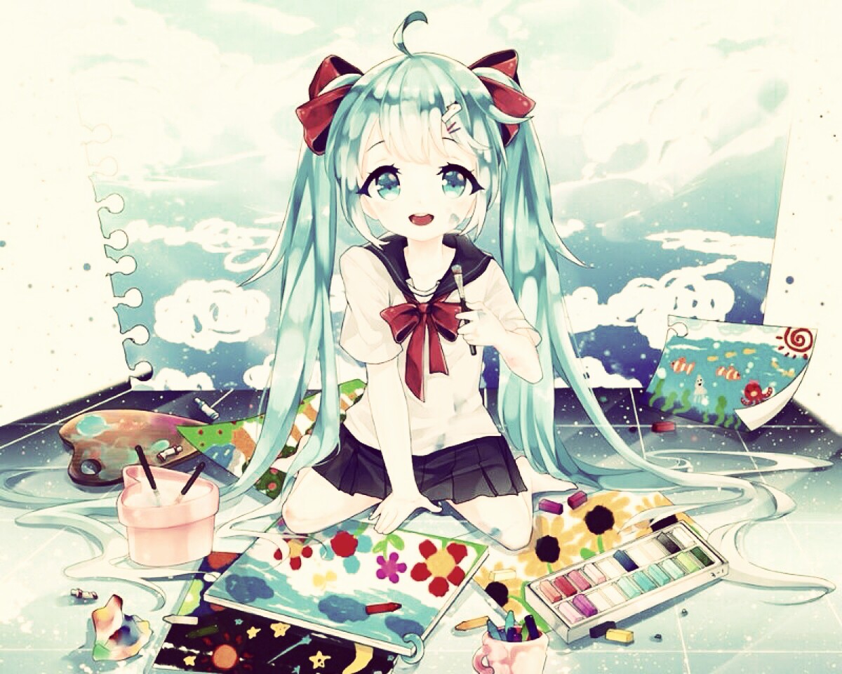 初音未来,初音,画画,画,猫,,猫,眼线,嘟嘟