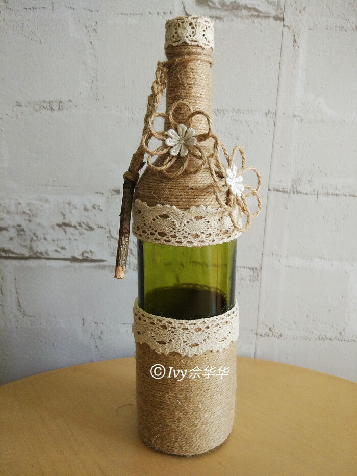 红酒瓶的再利用,桃枝麻绳玻璃花瓶,不插花也美美哒!