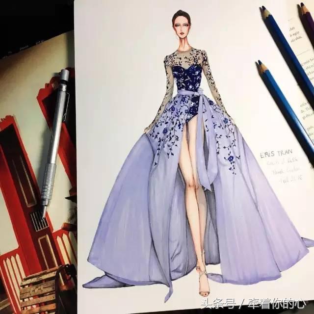 服装设计手稿,紫色晚礼服