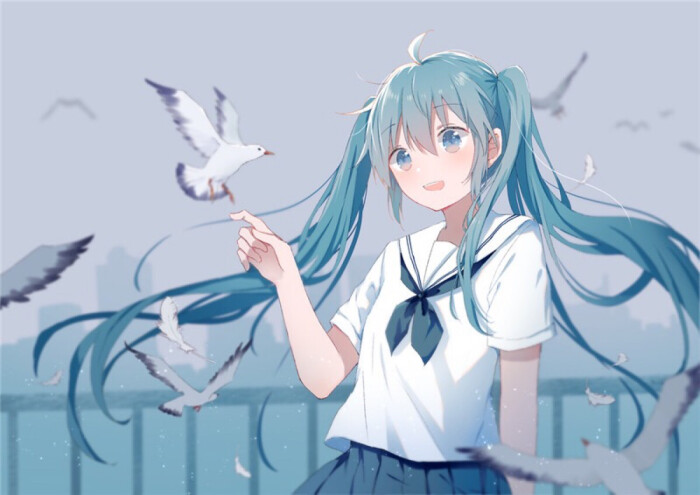 少女 小清新 温馨 海边 海鸥 水手服 萌 治愈 二次元 高清 壁纸 初音