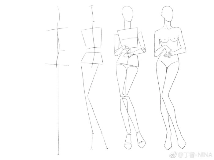 时装绘画 人体线稿 服装设计素材 微博@丁香-nina