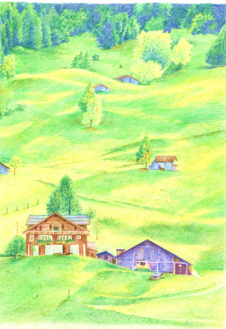 彩铅风景-草丘上的瑞士小村庄(作者:麦小朵)