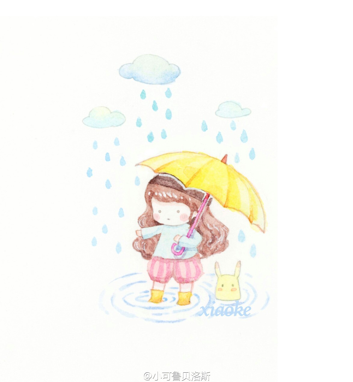 下雨天淅沥淅沥下不停,小女孩撑着伞踩水.by小可鲁贝洛斯