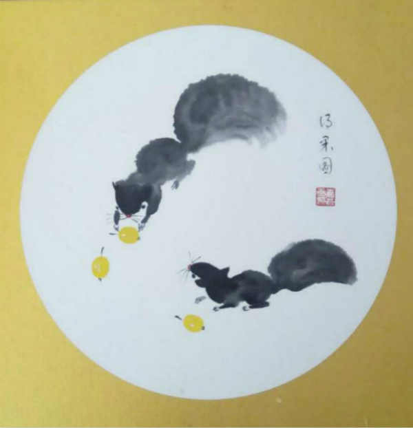 国画 纯手绘 鸟 松鼠 鱼虾 孺子牛 圆形扇面画芯镜片卡纸