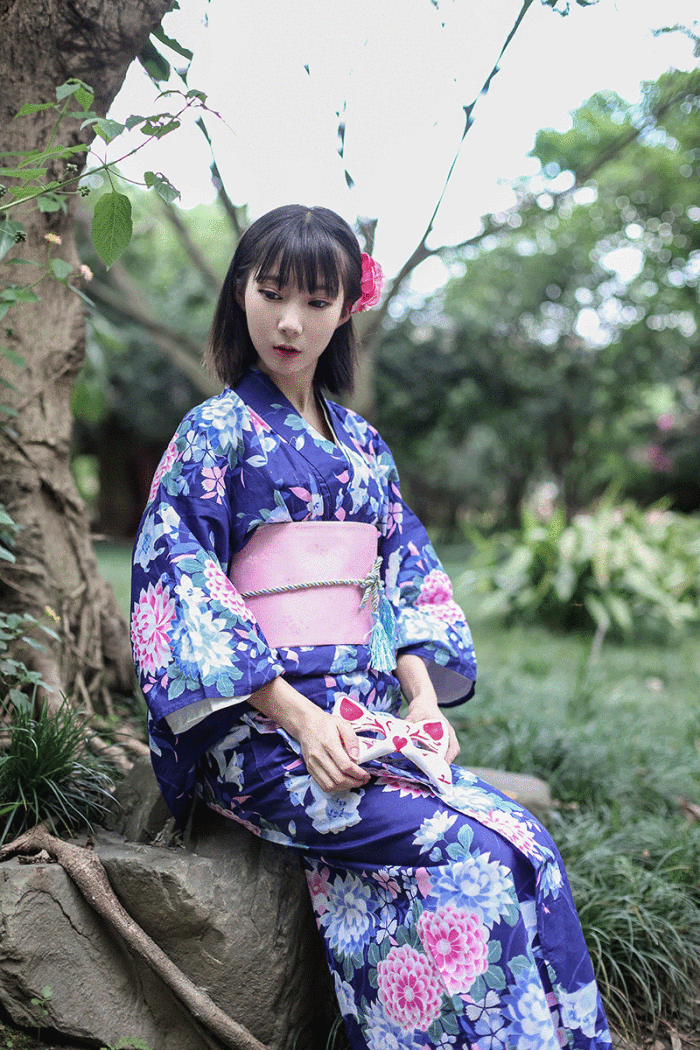 外贸原单日本和服 纯棉上浆浅色樱花和服浴衣 女传统正规摄影和服