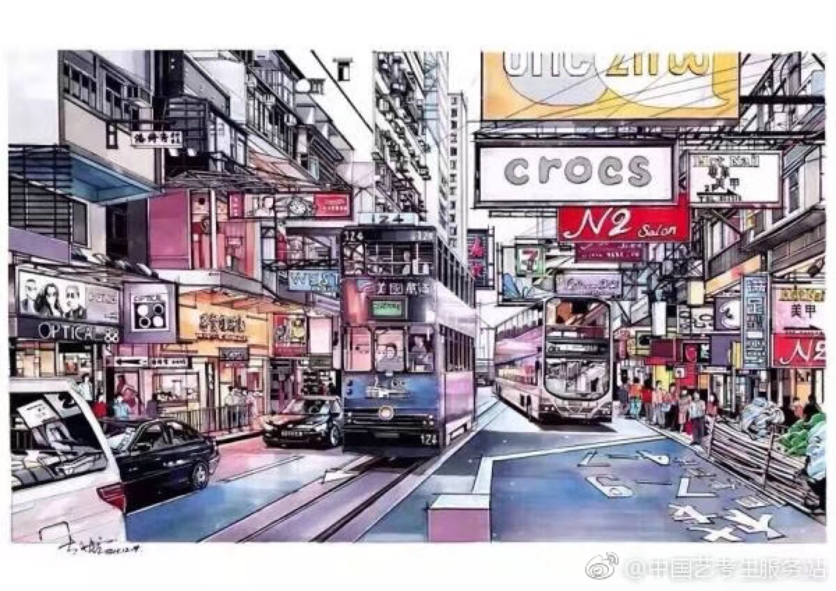 手绘 城市街景 香港街景