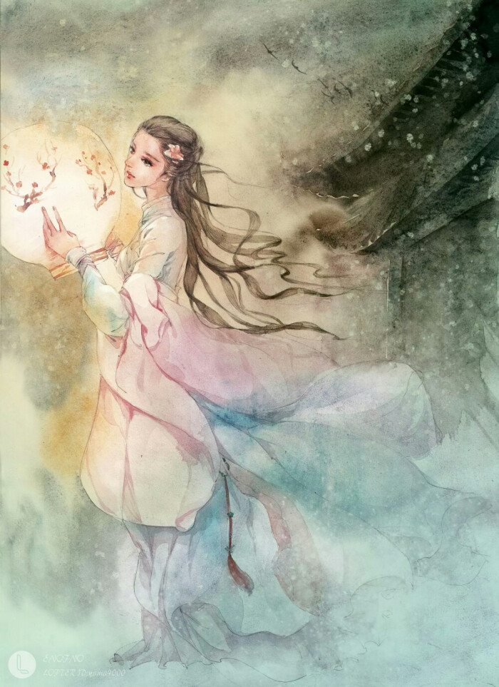 手绘古风提灯女子