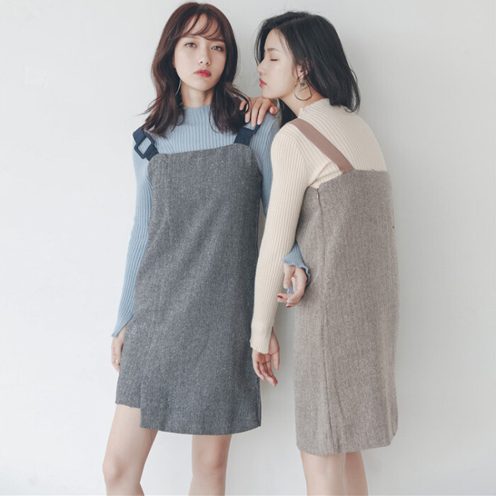 嘻皮小酱 小清新百搭时髦撞色肩带背带裙连…