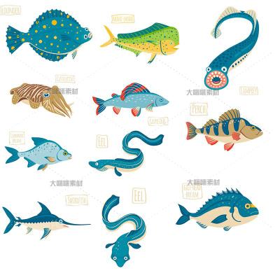 热带亚马逊卡通鱼类虾类电鳗鲤鱼剑鱼龙虾ai矢量设计素材ai146
